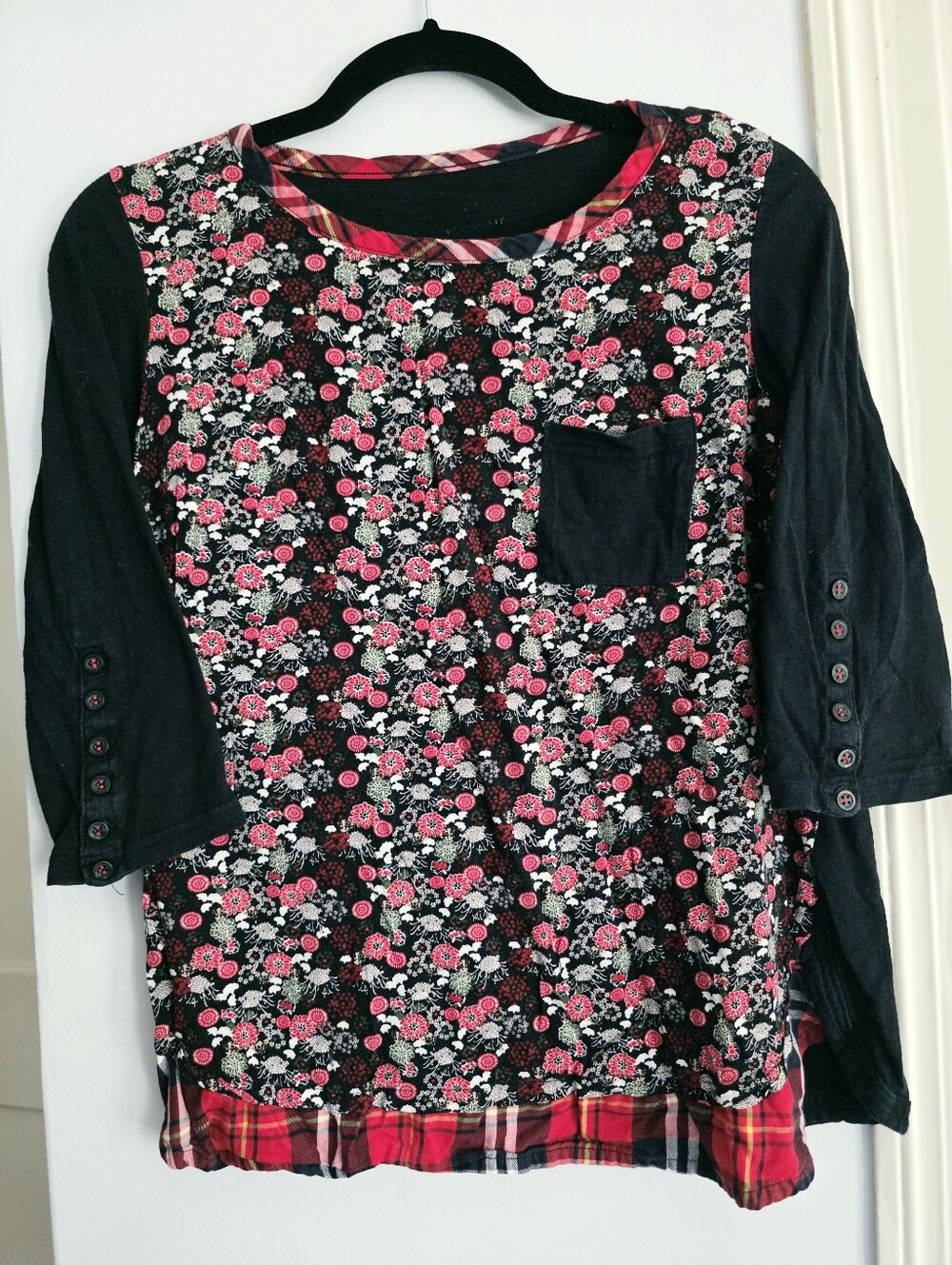 Anthropologie 100% Cotton Black Floral & Plaid Top S